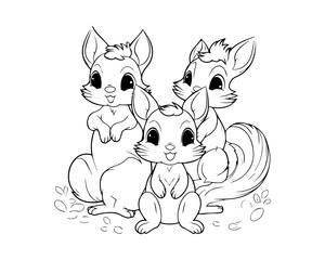 Three Chipmunk Coloring Book Cartoon Ilustration