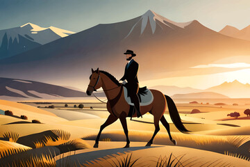Horse rider in nature. A man rides a horse over rough terrain. Vector illustration.