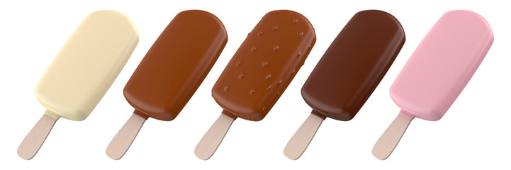 Group of five different chocolate ice creams on transparent background