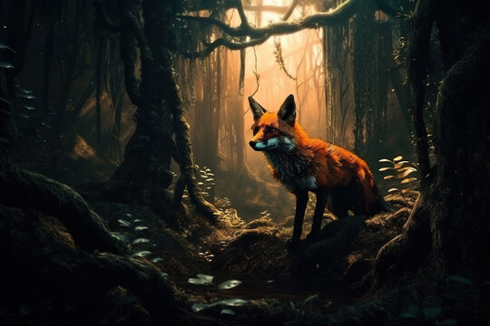 Image of red fox in the forest. Wildlife Animals. Illustration. Generative AI.