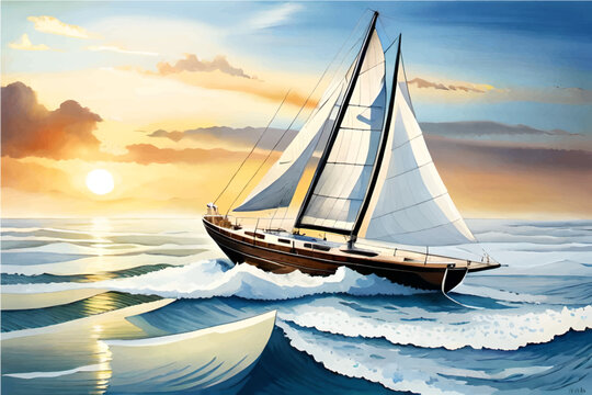 Yacht in the sea. Yacht on the waves in the ocean. Vector illustration of a yacht on the sea.