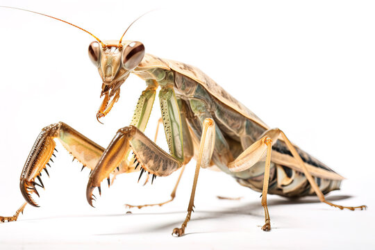 Image of brown giant praying mantis on white background. Insect. Animals. Illustration, Generative AI.
