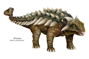 Ankylosaurus illustration. Dinosaur with spikes, horns. Green, brown dino - 605680516