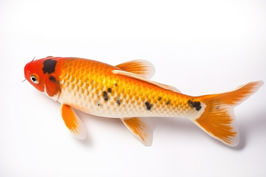 Image of beautiful koi fish on white background. Pet. Animals. Illustration, generative AI.