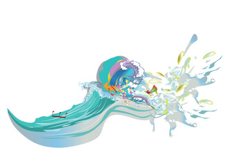 Fototapeta na wymiar Abstract musical design with a treble clef and colorful splashes, notes and waves. Colorful treble clef. Hand drawn vector illustration.