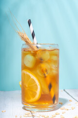Barley cold tea, organic barley orzo iced tea in tall glass