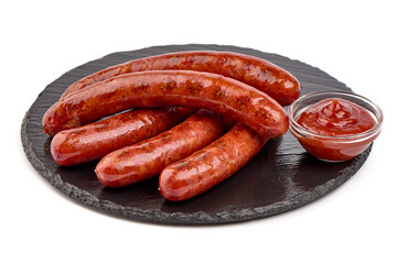 Grilled pork sausages, isolated on white background.