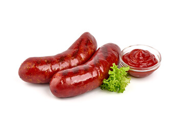 German grilled pork sausages, close-up, isolated on white background.