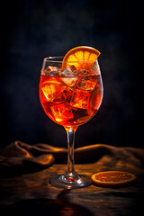 Glass of ice cold Aperol spritz cocktail served in a wine glass, decorated with slices of orange  placed on a table. Ai illustration, fantasy digital painting, Generative AI