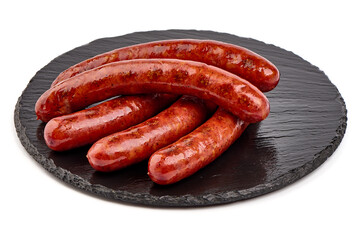 Roasted sausages, barbecued sausages, isolated on white background.