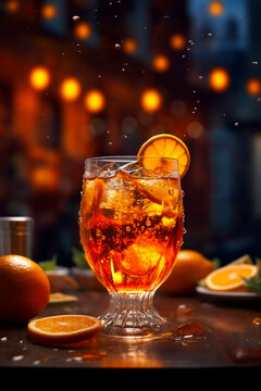 Glass of ice cold Aperol spritz cocktail served in a wine glass, decorated with slices of orange  placed on a table. Ai illustration, fantasy digital painting, Generative AI