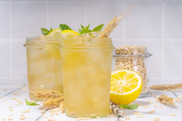  Barley orzo lemonade, alternative trendy sour cold drink with barley water, lemon juice and crushed ice