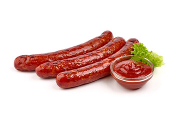Roasted sausages, barbecued sausages, isolated on white background.