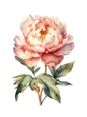 Pink peony flower isolated on white background, watercolor illustration. Generative AI.