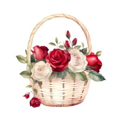 Fototapeta na wymiar Wicker basket with red and white roses in watercolor style. Generative AI.