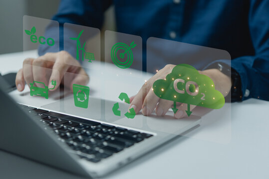  Virtual Global with CO2 reducing icon for concept of decrease carbon dioxide emission ,carbon footprint and carbon credit go green technology innovation natural.
