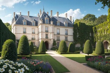 Fototapeta premium Illustration of a Renaissance architecture style French Castle in a French Garden on a beautiful summer day - Generative AI 