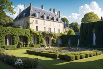 Fototapeta na wymiar Illustration of a Renaissance architecture style French Castle in a French Garden on a beautiful summer day - Generative AI 
