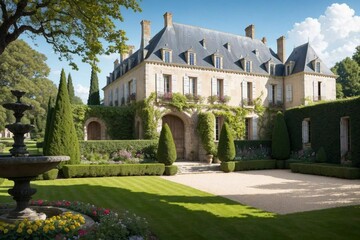 Fototapeta na wymiar Illustration of a Renaissance architecture style French Castle in a French Garden on a beautiful summer day - Generative AI 