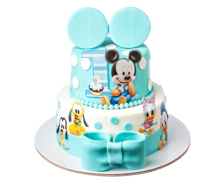 Birthday Cake With Cartoon Character Mickey Mouse. Walt Disney Themed Birthday For A Child. Faro Portugal 2022 March 12