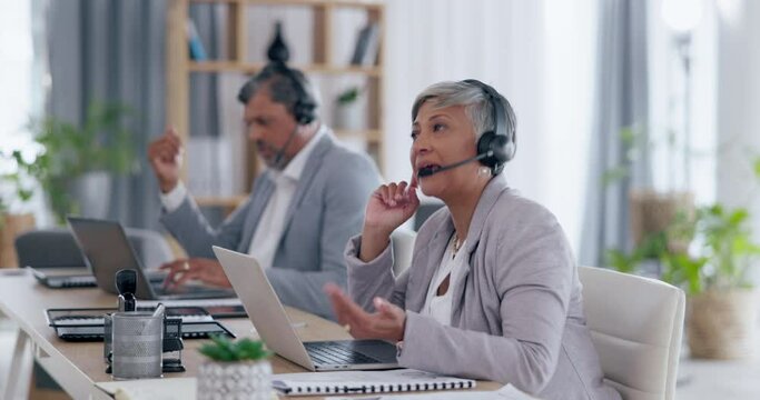Business people, call center and headphones consulting for customer service, support or telemarketing at office. Happy businessman and woman consultant talking on laptop with headset in contact us