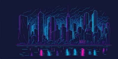 Neon city skyline illustration. Vector illustration of a night city.
