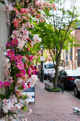 Boston Beacon Hill Massachusetts USA 05.23.2023: flowers red pink and purple 