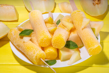 

 Melon ice cream popsicle, sweet sorbet lollypops, homemade gelato on sticks, with slices of fresh cantalupa melon and mint leaves 