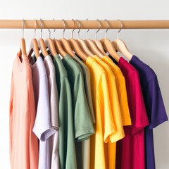 Behold a close-up collection of multicolored t-shirts hanging on wooden hangers, beautifully contrasted against a white background. Room for your thoughts, designed by AI