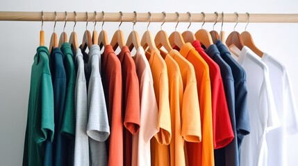 Visualize a close-up view of a collection of colorful t-shirts on wooden hangers in a closet, contrasted against a white background. Room for your ideas, created by AI
