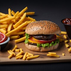 Craft beef burger and french fries on a wooden table melting cheeses isolated on black background generated by ai