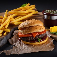 Craft beef burger and french fries on a wooden table melting cheeses isolated on black background generated by ai