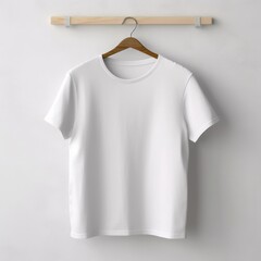 Admire a detailed mockup of a white tee shirt hanging in a modern closet interior. An embodiment of contemporary style, an AI creation