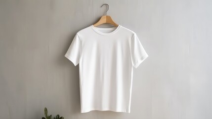 Admire a detailed mockup of a white tee shirt hanging in a modern closet interior. An embodiment of contemporary style, an AI creation
