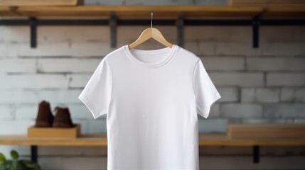 Behold a meticulously detailed mockup of a white tee shirt on a hanger, complementing a modern closet interior. A manifestation of clean fashion, created by AI
