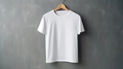 Visualize a detailed mockup of a white tee shirt on a hanger, nestled within a modern closet interior. An exemplification of sleek style, made by AI