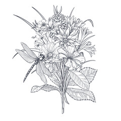 A bouquet of early spring flowers. Botanical style of engraving illustration. Vector. Black and white