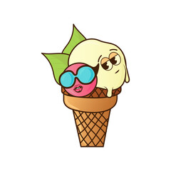 Melting scoops of ice cream in a waffle cone isolated on a white background. A vector flat outline icon. Comic character in cartoon style illustration for t-shirt design