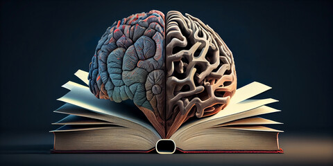 Image of the human brain on the pages of an open book. Generative AI