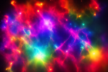 Colorful nebula. Deep space. Bright stars. Beautiful fantasy multicolor universe. Outer space background with vibrant nebula, stars, wallpaper. Illustration. Generative AI
