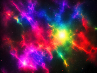 Fototapeta na wymiar Colorful nebula. Deep space. Bright stars. Beautiful fantasy multicolor universe. Outer space background with vibrant nebula, stars, wallpaper. Illustration. Generative AI