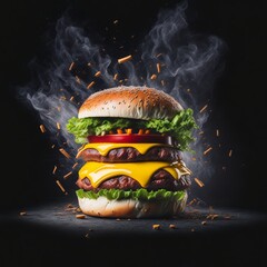 exploding burger with vegetables and melted cheese on black background generated by ai