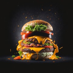 exploding burger with vegetables and melted cheese on black background generated by ai