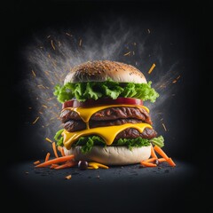 exploding burger with vegetables and melted cheese on black background generated by ai