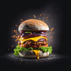 exploding burger with vegetables and melted cheese on black background generated by ai