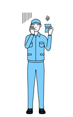 預金通帳を見て落ち込む帽子と作業着姿の男性