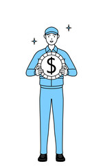 為替差益やドル高のイメージ、帽子と作業着姿の男性