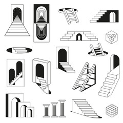 Abstract ladder with steps exit entrance door hatch monochrome line black isometric set vector © Aleksandr