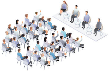Business presentation, speech. Teamwork business presentation conference coworking workplace brainstorming and discussion organizational system isolated. Indicators and coaching. Vector isometric, 3d