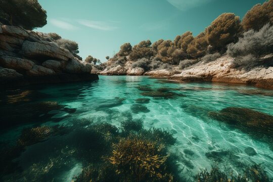 Turquoise waters surround Cala Benirras on the island of Ibiza, Spain. Generative AI